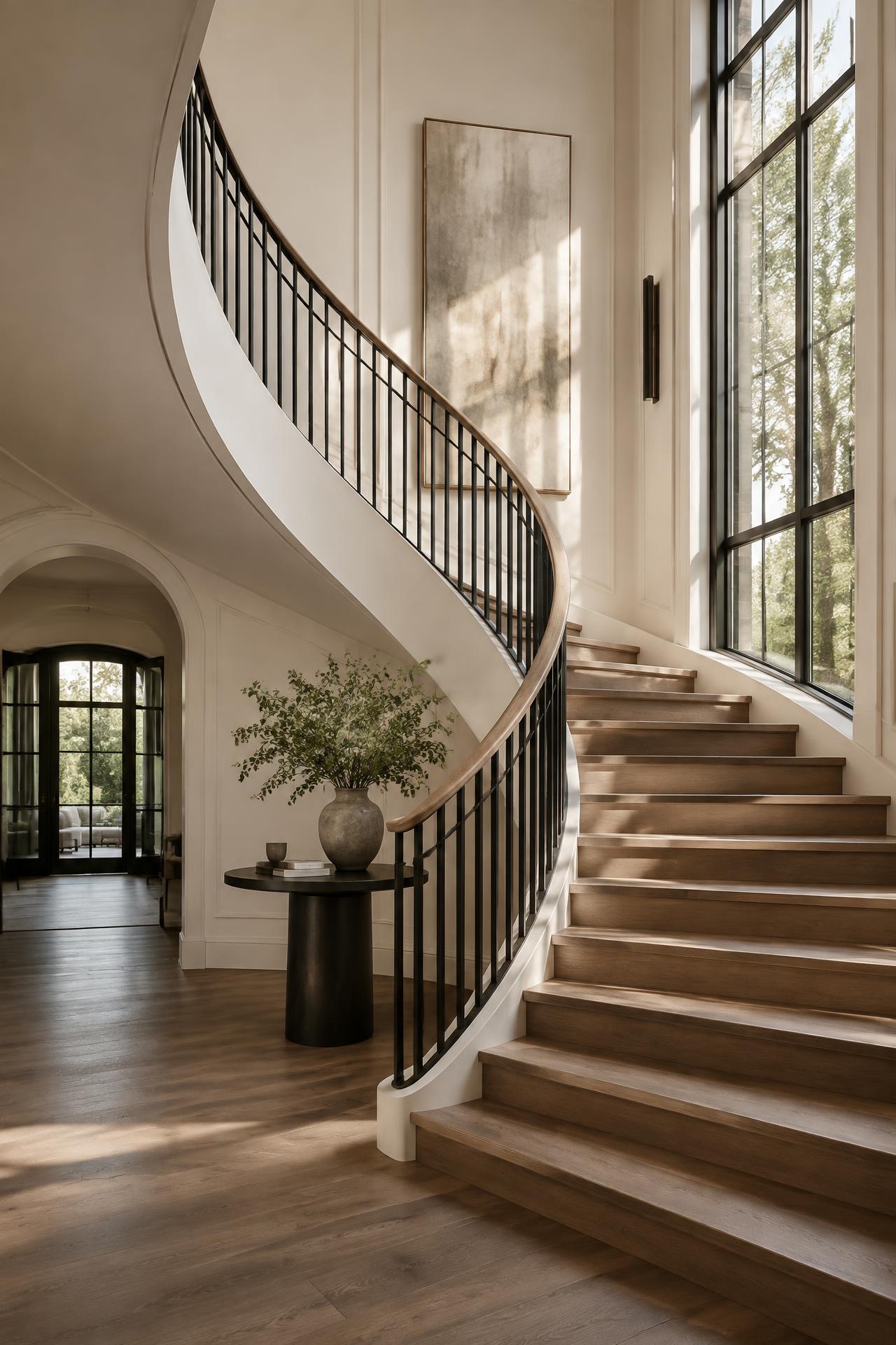 Illustrative wooden staircase in a refined interior